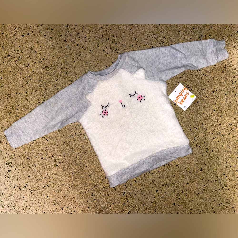 NWT toddler girl soft Jumping Beans grey w/ white fur cat long sleeve shirt 18M